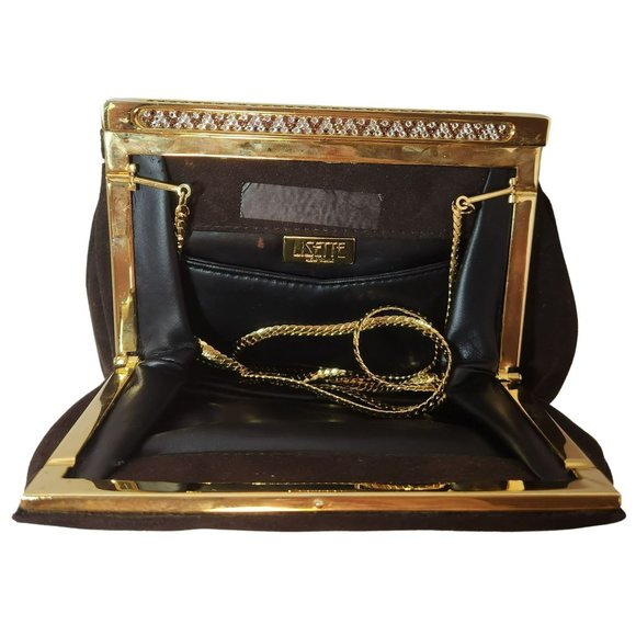 Lisette New York Vintage 60s Crossbody Bag Brown Suede with Rhinestone Clasp - Picture 10 of 12
